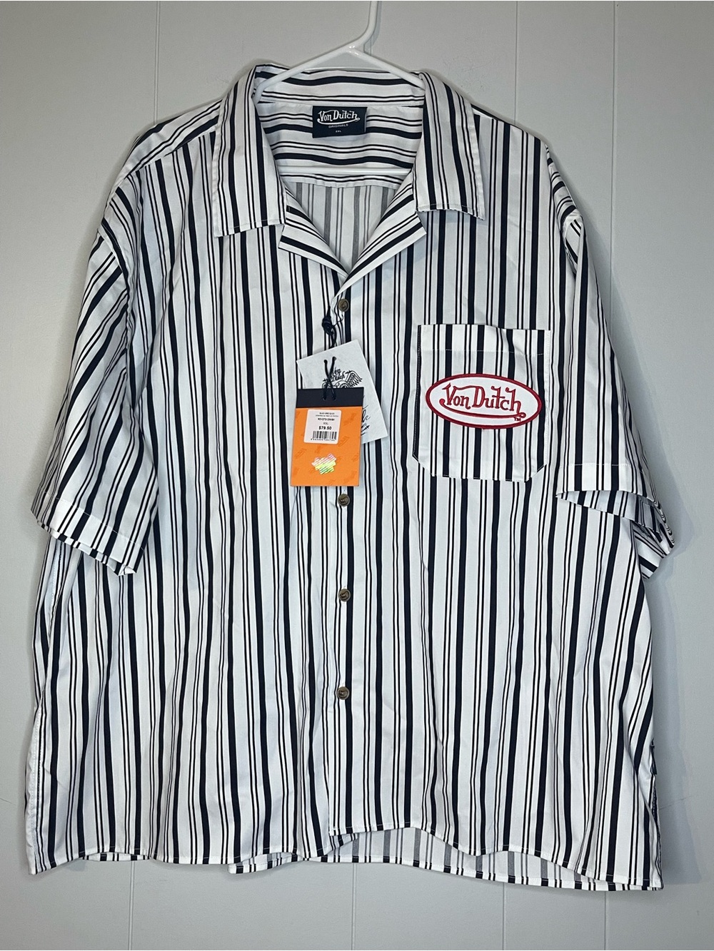 Von Dutch White Short Sleeve Button-Up Shirt with Black Stripes